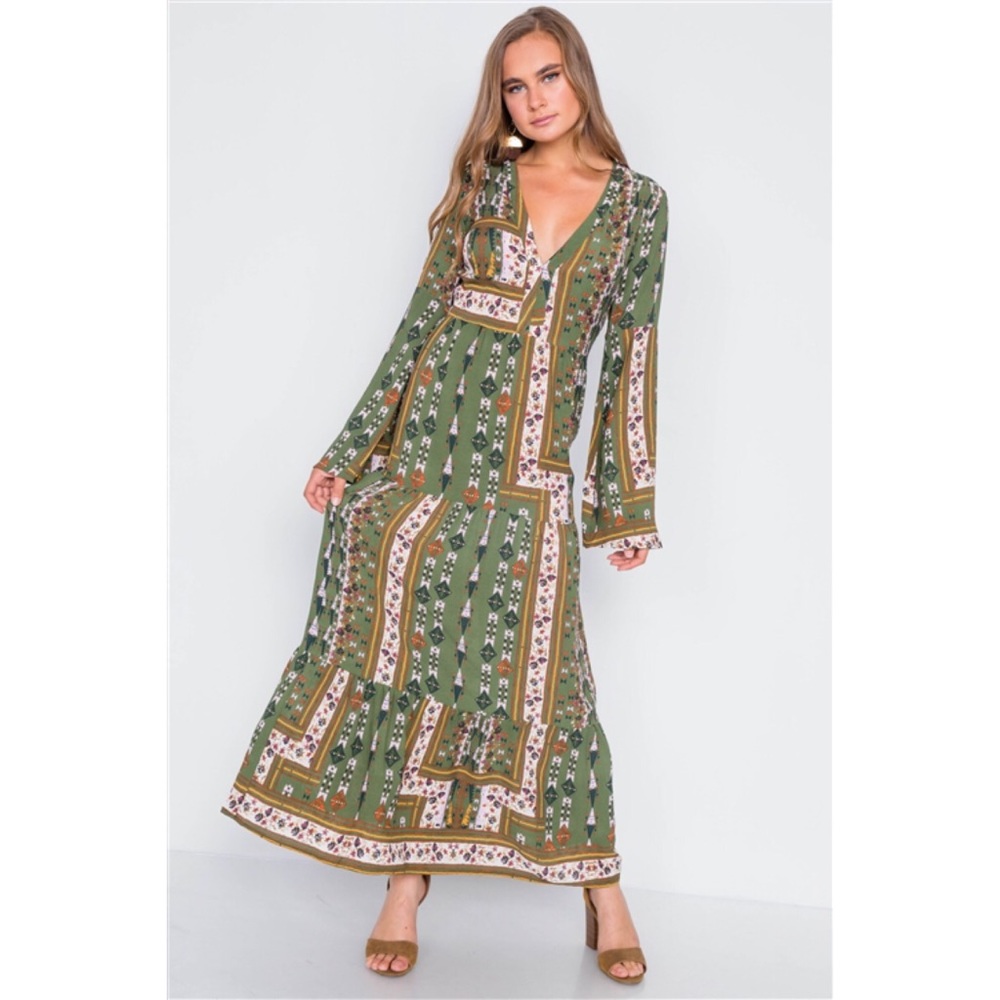 MULTI OLIVE V-NECK LONG SLEEVE MAXI BOHO DRESS